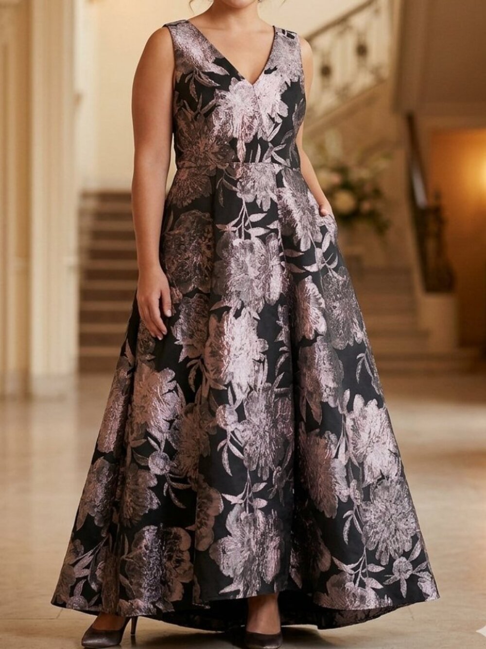 SL Fashions Metallic Mauve Jacquard High-Low Gown 14